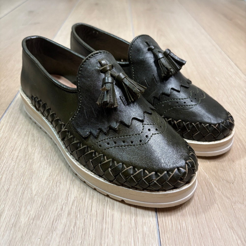Sols Jessica Olive Green Leather Huarache Brogue Tassels Loafers Shoes 3018 8